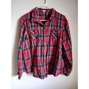 Reba Womens Shirt Red  Plaid Snap Front Cotton Roll Tab Lightweight Top